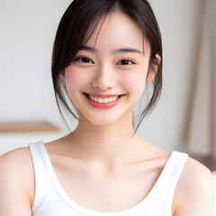 Fototapeta premium A young Asian (Korean) woman with a sweet smile and clean teeth. 