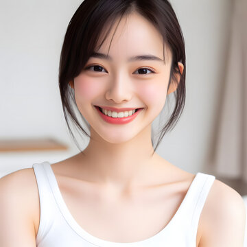 A young Asian (Korean) woman with a sweet smile and clean teeth. 