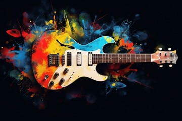 illustration grunge guitar rock psychedelic colorful music electric string instrument isolated white musical wood black equipment sound neck concert play blues metal musician - obrazy, fototapety, plakaty
