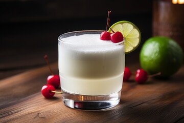 An enticing Pisco Sour cocktail adorned with a lime and cherry sitting on a weathered wooden surface in a bustling Peruvian tavern