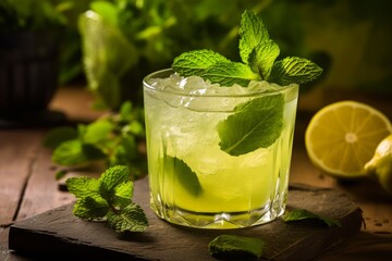 Quenching Summer Thirst with a Chilled Glass of Mint Lemonade Amidst Vibrant Green Foliage