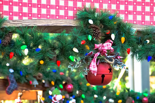 Christmas ornaments with Christmas tree and decorations and lights