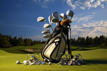 course golf beautiful clubs new set A golfing club bag sport game competition compete object colours no one nobody horizontal sports equipment