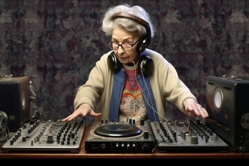 dj granny grandmother old elderly lively retired lady woman cool hip disc jockey music club disco audio turntable mix spin record vinyl funny amusing original chic - obrazy, fototapety, plakaty