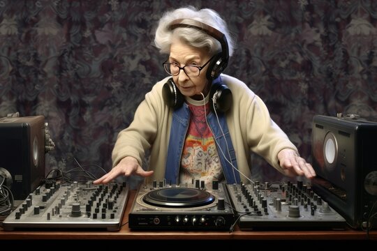 dj granny grandmother old elderly lively retired lady woman cool hip disc jockey music club disco audio turntable mix spin record vinyl funny amusing original chic