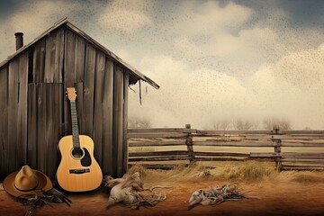scene country guitar acoustic cowboy hat western fedora instrument wooden saloon plank fence wood...