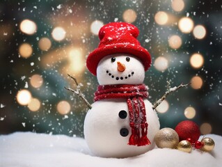 Fototapeta premium Snow man with christmas setting on bokeh background