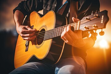 Obraz premium concept passion hobby sound music relaxation instrument musical close guitar acoustic playing hand musician guitarist play rock