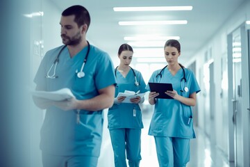 staff professional hospital bright modern health s patient talking while computer tablet gital consult they hallway hospital walk doctor female surgeon  hallway health care surgeon surgery
