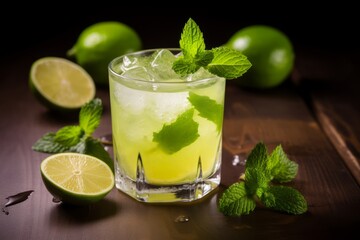 A Chilled Glass of Homemade Apple and Lime Mocktail on a Rustic Background