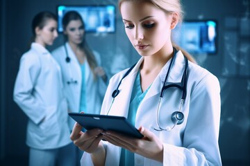 pc tablet holding doctor woman young health medicals mobile pad adviser cyberspace men at work touch trust blue paramedic adult success occupation discovery people 1 caucasian female