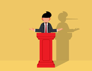 Lying male politician. Male politician on a podium giving speech with his long nose shadows.