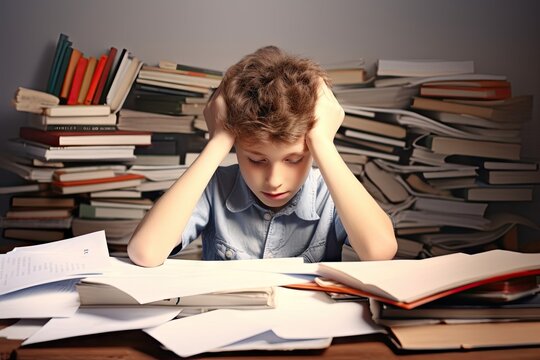 concept education fficulties Learning Help word paper holding books many table sitting boy frustrated tired Sad signs homework children expression student dyslexia difficulty home school