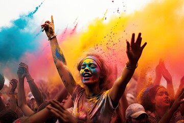 Obraz premium party holi life colorful colours festival hand celebrate music paint colourful people fun group dance smartphone multitude arm disco be glad happy boy electronic cmyk