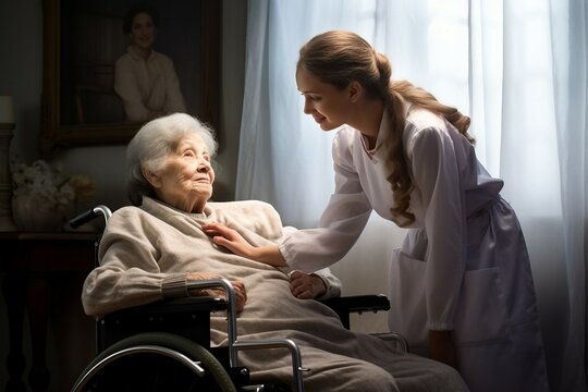 smiling nurse old woman patient wheelchair home care nursing talking senior elderly health caregiver people help retirement assistance examining exam happy young immobile careful service doctor
