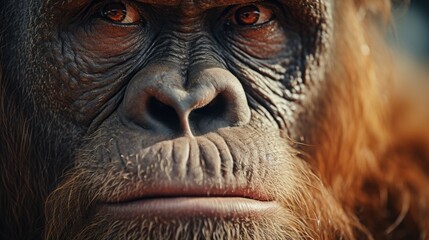 closeup of the face of a Bornean orangutan with long arms and reddish or brown hair. - obrazy, fototapety, plakaty