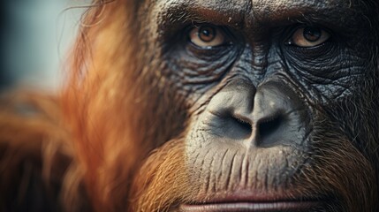 closeup of the face of a Bornean orangutan with long arms and reddish or brown hair.