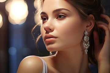 away looking earring hoop amond wearing woman beautiful close jewellery shop shopping buy buying diamond expensive sale female beauty price february 14 present gift consumerism - obrazy, fototapety, plakaty