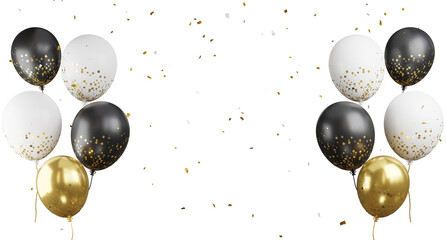3d render of golden balloons flying with confetti.