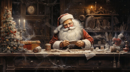 Santa Claus in a cozy room, preparing gifts beside a decorated Christmas tree and fireplace.
