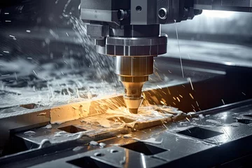 Fotobehang work cnc machine lathe equipment machinery closeup technology engineering industrial thread steel alloy stainless clamp rotate coolant liquid pouring jet water production process processing © sandra