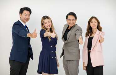 Asian professional successful male female businessmen businesswomen management in formal business suit standing side by side posing taking photo together on white background.