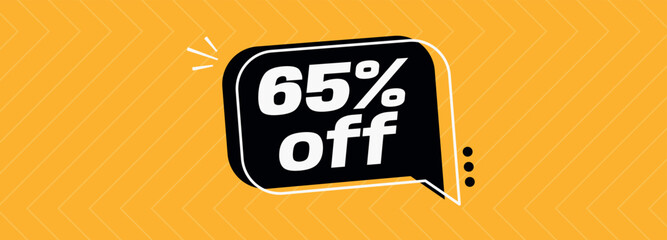 65% off. Banner with special sale five percent off black speech bubble and yellow background.	