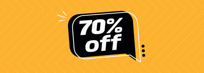 70% off. Banner with special sale five percent off black speech bubble and yellow background.	