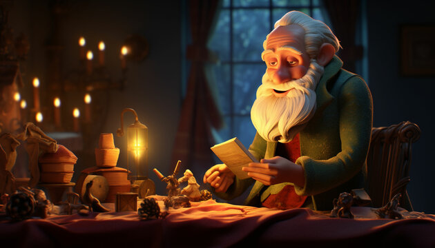 3D models of characters and scenes of fairy house on santa claus with candle light