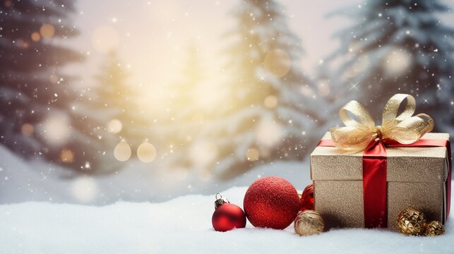 Christmas giftbox on snow background under a christmas tree