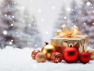 Fototapeta na wymiar Christmas giftbox on snow background under a christmas tree