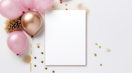 Mockup card birthday wedding background white table paper top greeting view stationery. Card blank postcard mockup birthday frame gift mock flatlay design green leaves happy desk template composition.