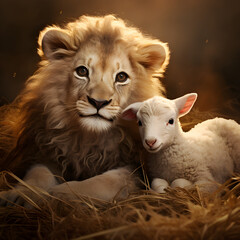 Baby lion with a lamb