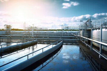 plant treatment wastewater urban modern city recycling tank sludge sewage purification industry dirty water environment environmental pollution pool clean circle storage reflections view