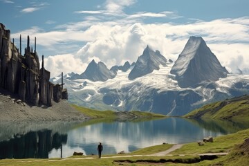 montagnes les Devant mountain alps pasture lake alt eiger jungfrau bed panorama landscape nature snow snowfield sport leisure hike hiker tour tourism peak vertex ridge swaying ski