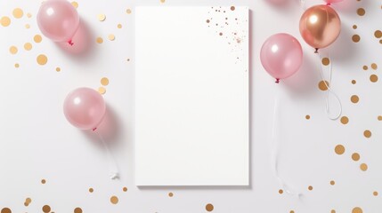 Mockup card birthday wedding background white table paper top greeting view stationery. Card blank postcard mockup birthday frame gift mock flatlay design green leaves happy desk template composition. - obrazy, fototapety, plakaty