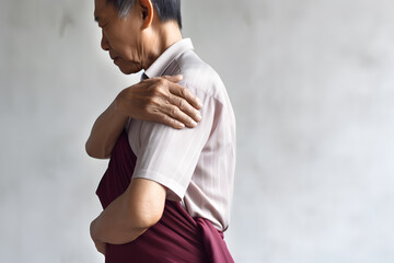 Stiffness in shoulder joint of Asian man. Frozen shoulder or arm muscle power problem. - obrazy, fototapety, plakaty