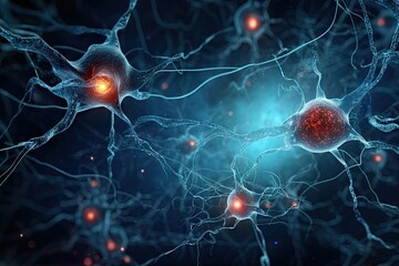 neurons cells concept nerve cell brain neurology network neural biology impulse hormone organism connecting mobile phone system thinking science energy alzheimer signal medicine glow microbiology - obrazy, fototapety, plakaty