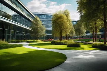 Foto op Plexiglas bench trees lawn green park office Modern building complex commercial exterior business architecture campus facility school industrial work workplace corporate university outside © akkash jpg
