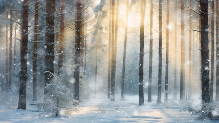 snowfall in the morning misty forest, landscape wildlife of winter, sun rays between the trees, seasonal calendar abstract background copy space December or January - obrazy, fototapety, plakaty
