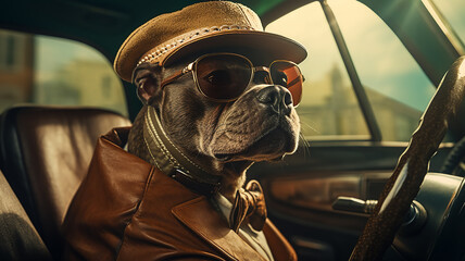 a dog in clothes is driving a car humor joke - obrazy, fototapety, plakaty