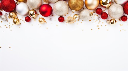 White and red and gold christmas decorations set around a bright christmas frame - obrazy, fototapety, plakaty