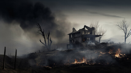 a house damaged by fire, the consequences of destruction, the remains of a house standing alone, a village cottage destroyed by fire, the remains of ash and smoke depressive concept of misfortune