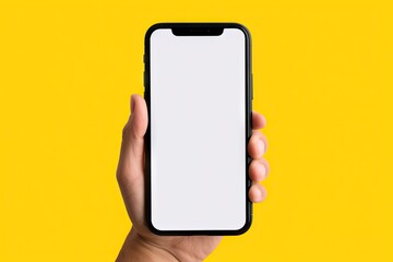 background colour yellow design less frame modern screen blank smartphone black holding hand phone technology mobile hold isolated contraption device display digital white smart - obrazy, fototapety, plakaty