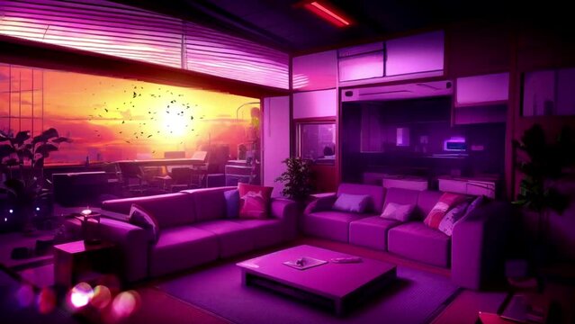 luxury living room, animated virtual backgrounds, stream overlay loop, sofa cozy interior golden hour sunset, vtuber asset twitch zoom OBS screen, anime chill atmospheric, Looping Video Animated.