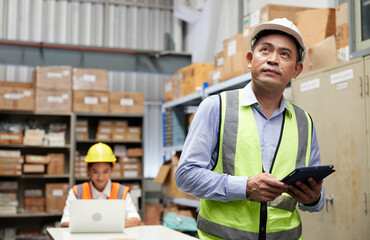 worker working on tablet and looking cardboard box on shelf in warehouse storage