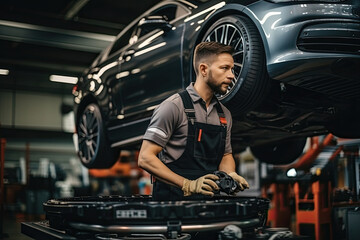 Fototapeta na wymiar selective focus of handsome auto mechanic in uniform repairing car in auto repair shop