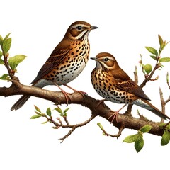 A male and female Wood Thrush perched on a tree limb on a white background