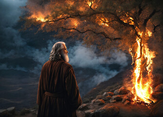 Moses witnesses God in the shape of a burning bush tree. Religious biblical concept. - obrazy, fototapety, plakaty