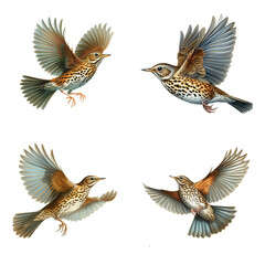 Obraz premium A set of Wood Thrushes flying on a transparent background
